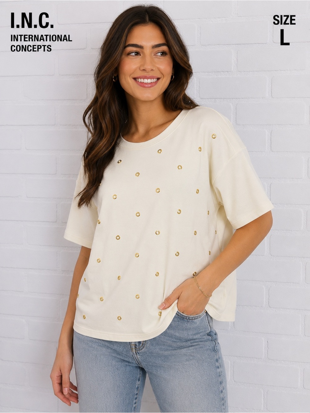 NWT I.N.C. International Concepts Cream Gold Studded Top Size Large